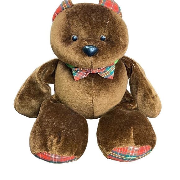 Vintage 1987 Hallmark Bently Bear Jingle Bell 10” Plush Brown Velour With Plaid - Picture 1 of 6